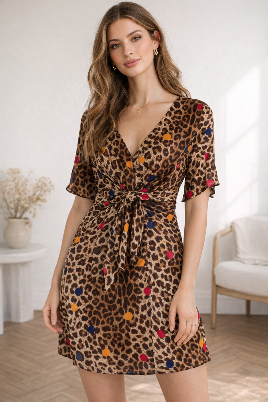 & Other Stories Paris Atelier Womens Leopard Tie Front Mini Dress V Neck Size 6